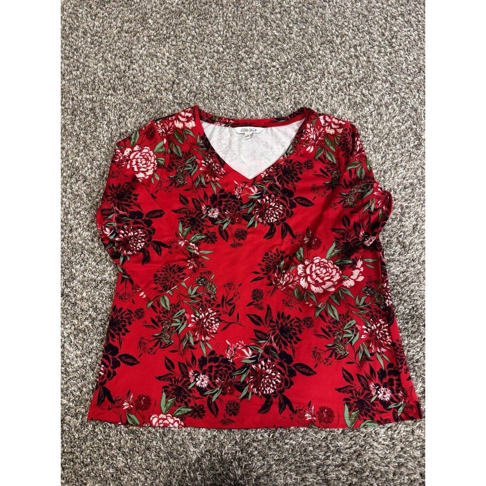 The Pioneer Woman Red Floral V-Neck Top Med, Excellent